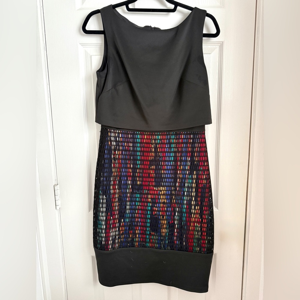 Never worn: black “scuba” material dress with art inspired multicoloured pattern